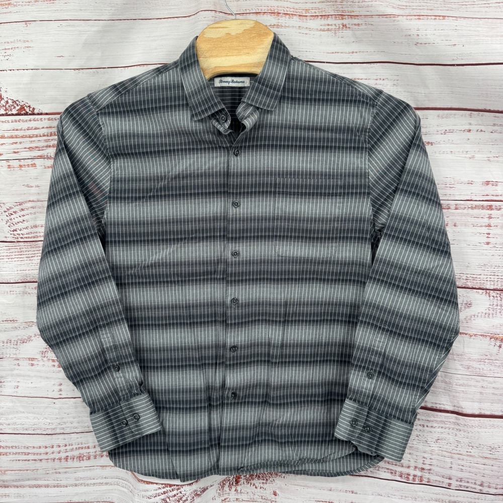 Tommy Bahama Shirt Mens large Long Sleeve Button Down Stripe Cotton Silk Blend